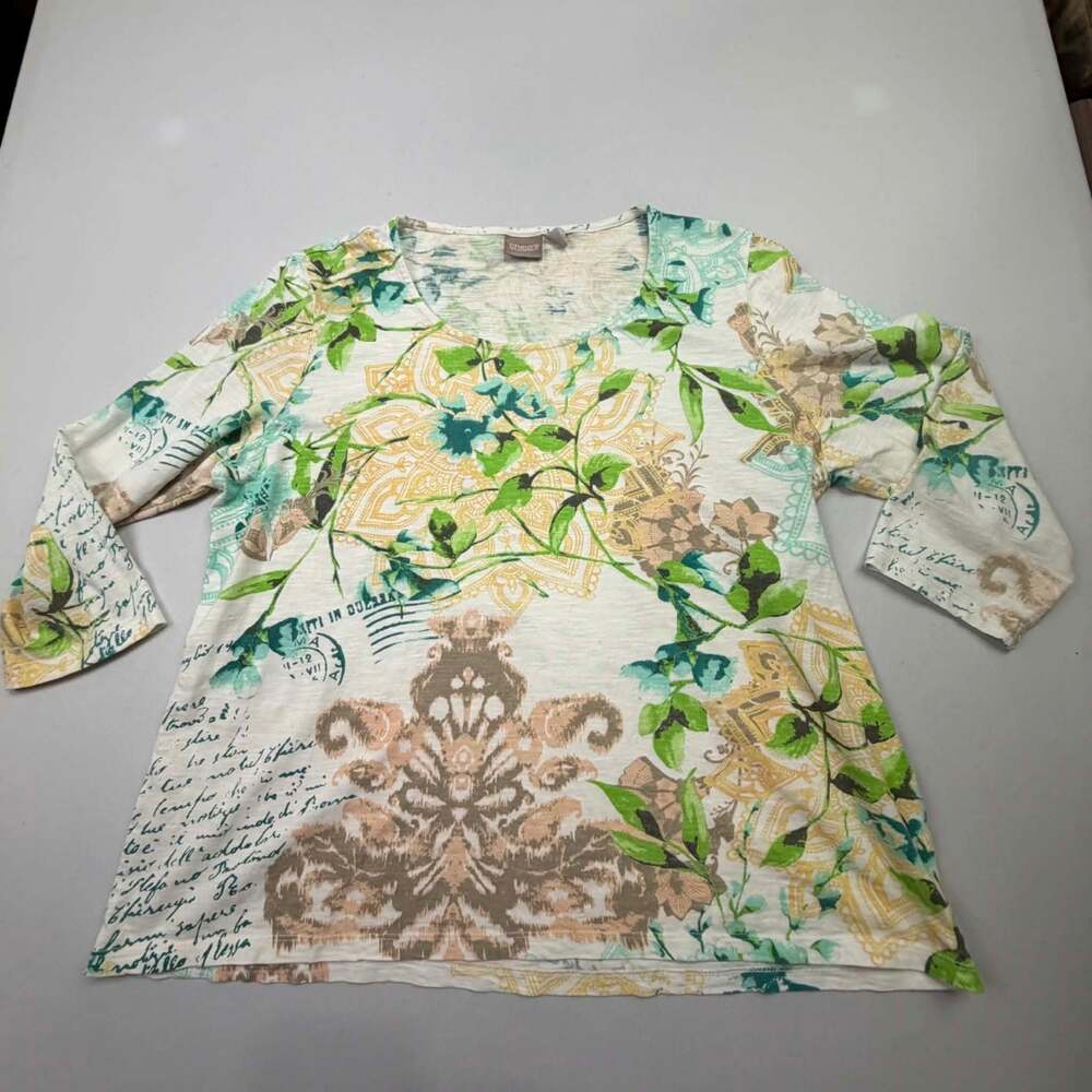 Chico's Women's Floral and Script Print 3/4 Sleeve Scoop Neck Top